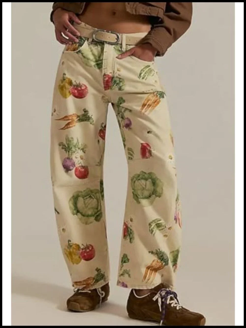 Women Boyfriend Baggy Barrel Jeans Floral Print Denim Ankle Pants Wide Leg Mid
